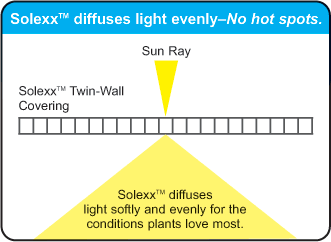 Solexx greenhouse covering creates diffuse light for healthier plants and faster growth.